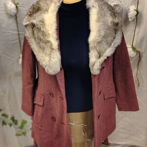 Women's Pink Coat with Faux Fur Collar